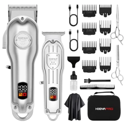 Image of HIENA PRO Professional Hair Clippers Set for Men, Cordless Barber Clipper Trimmer Set, Cutting Machine Kit, Rechargeable Barbers with LED Display (Silver)