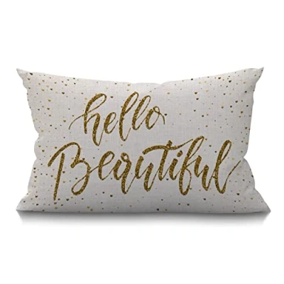 Image of BGBDEIA Hello Beautiful Cushion Cover Farmhouse Motivational Sign Inspirational Quote Girly Golden Decorations Pillow Case for Sofa Couch Cotton Linen 30 x 50 cm 12x20 Inches