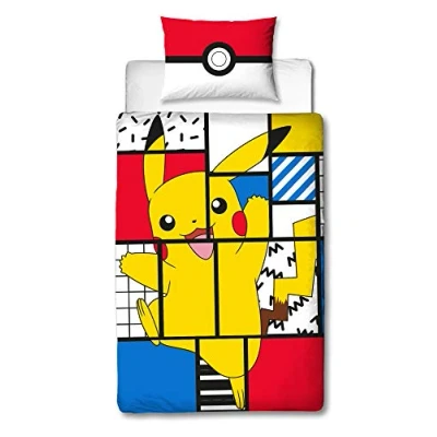 Image of Pokemon Pikachu Single Duvet Cover Officially Licensed Reversible Pokeball Two Sided Super Memphis Design with Matching Pillowcase, Polyester
