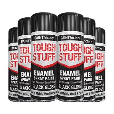 Image of Classic Signature 6 x Enamel Black Gloss Spray Paint 400ml Tough Stuff Hard Wearing Smooth Aerosol for Metal Wood and Plastic