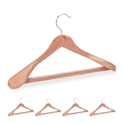 Image of Relaxdays Cedarwood Suit Hanger Set of 5, Mothproofing, Non Slip &amp; Sturdy, Wide with Pants Rail, 45 cm, Natural, wood, iron