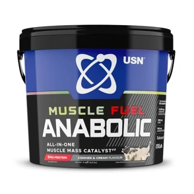 Image of USN Muscle Fuel Anabolic All In One Mass Gainer, Cookies &amp; Cream Flavour 4kg, 54g Protein Powder, 5g Creatine Powder BCAA For Maximum Growth, Post Workout Recovery Drink Mix