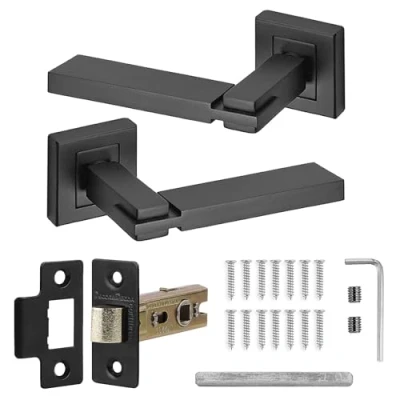 Image of Decoranddecor Alloy Door Lever Handle Set Black on Square Rose Latch Kit (MattBlack)