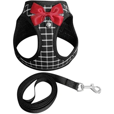 Image of ausuky Pet Soft Adjustable Backpack Harness with Leash Set Cosy Classic Vest Cute Bow Tie Bell for Small Medium Dogs and Cats (Large,Black)