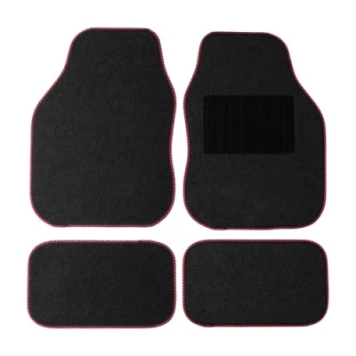 Image of Sakura Car Mat Set of 4 Heavy Duty Hard Wearing Carpet Water Repellent Flexible Grey with Red Trim Universal Fit Front Rear Heelpad Non Slip Backing RHD