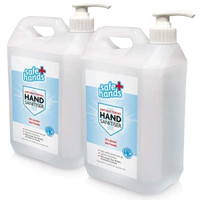Image of Safe Hands Hand Sanitiser Gel with Dispenser Pump 70% Alcohol 2 x 5 litres Antibacterial &amp; Antiviral Sanitizer Fully Tested Certified Contains Moisturisers Refill