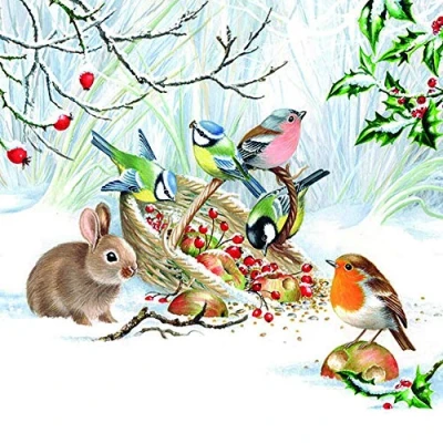 Image of 20 Napkins Winter Animals Split Food Rabbit Birds Table Decoration 33 x cm