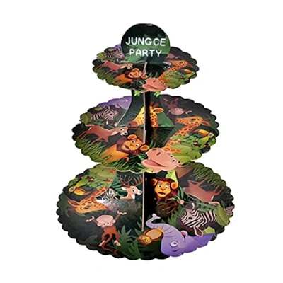 Image of AEX 3 Tier Cake Stand Cardboard Birthday Cupcake Stands For Afternoon Tea Biodegradable Round Food Fruit Dessert Display Holder Zoo Theme 1