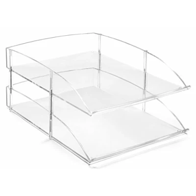 Image of OSCO Clear Acrylic Double Letter Tray 2 Trays &amp; Risers Included A4 Stackable File Organiser Paper Storage Office Desk Document Sorter Paperwork Filing H15 x W25.5 D35.5 cm