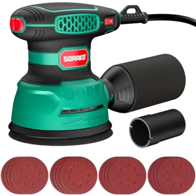 Image of SORAKO Orbital Sander 350W, 125MM Random Sander, 6 Adjustable Speeds, 16pcs Sandpaper, with Dust Collection and Quick Brake Function, for Sanding, Polishing Wood, DIY, Home Improvement