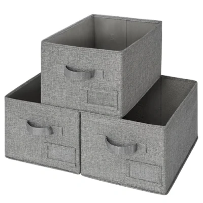 Image of GRANNY SAYS Large Storage Box, Pack of 3 Fabric Boxes, Foldable Boxes with Handle, Wardrobe Organiser, Dark Grey Shelf