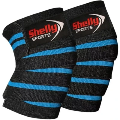 Image of Shelly Knee Wraps for weight Lifting Powerlifting Squatting Support CrossFit Guard and Olympic four rubber Heavy Duty Elasticated Bands men women (Blue)