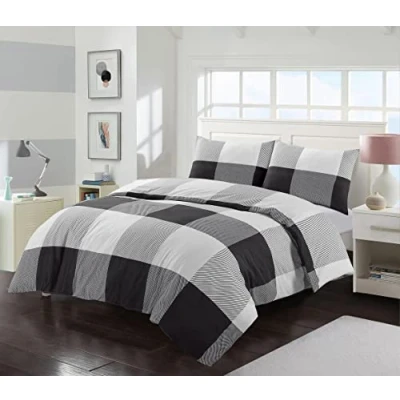 Image of Homespace Direct Monochrome Check Single Bedding Duvet Cover Set Modern Style Polycotton