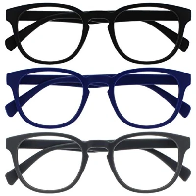 Image of Opulize Pop Reading Glasses 3 Pack Fun Round Matt Frame Black Blue Grey Spring Hinges Scratch Resistant Mens Womens RRR2 137 +2.50