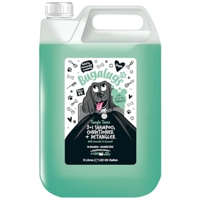 Image of BUGALUGS dog Shampoo Tangle Tame 3 in 1 Avocado &amp; Coconut grooming shampoo, conditioner detangler products for smelly dogs with fragrance, best puppy professional groom (5 Litre)