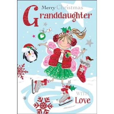 Image of Granddaughter Christmas Card Ice Skating Girl and Penguin Contemporary Festive Design Special Finishes Illustrated Insert Leaf Made in the UK