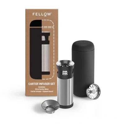Image of Fellow Carter Tea + Cold Brew Infuser &amp; Move 16 oz Tumbler Set Steep On The Go Vacuum Insulated Stainless Steel Travel Mug w/Snap in for Steeping Tea, Brew, Matte Black