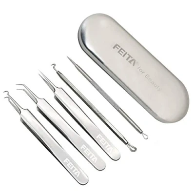 Image of Blackhead Remover Tool Kit FEITA Acne Pimple Tweezers Comedone Extractor Blemish Removal Set for Facial Whitehead Popping Zit Removing