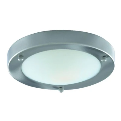 Image of 1 Light Bathroom Flush Ceiling Satin Silver Round with Domed Glass Diffuser IP44, E27