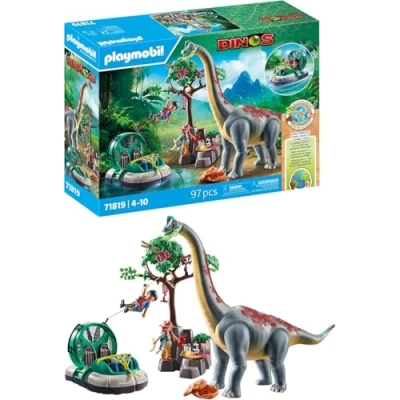 Image of Playmobil Dinos Brachiosaurus Encounter with Hovercraft Dino Playset Dinosaur Adventure for Kids Aged 4+ 71819