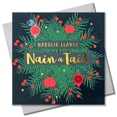 Image of Welsh Christmas Card, Nain a Taid, Wreath &amp; Baubles, text foiled in shiny gold