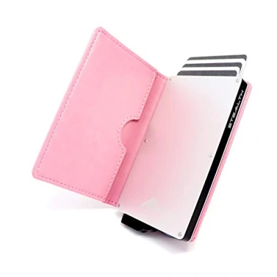 Image of Stealth Wallet Smart Minimalist Cards Holder RFID/NFC Blocking Pop Up Wallets &amp; Gift Box Slim Lightweight Metal Credit Card Holders Contactless Protecto (Silver Aluminium with Pink Leather)