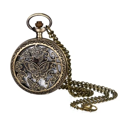 Image of JewelryWe Vintage Butterfly Pocket Watch: Retro Design Bronze Flower Openwork Cover Quartz Watch with Chain, for Xmas