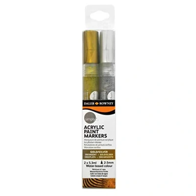 Image of Daler Rowney Simply Acrylic Metallic Marker Pen Set, Gold and Silver Markers, Multi Surface, Water Based, 2 3mm Tip, Ideal for Entry Level Artists &amp; Hobbyists