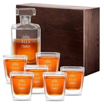 Image of Maverton Whiskey Decanter Set of 6 Glasses You can Personalise Tumblers as Gift 700 ml Universal Carafe Name