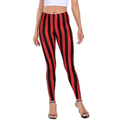Image of HDE Womenâ™s Red Black Striped Leggings Vertical Stripe Workout Tight Pants