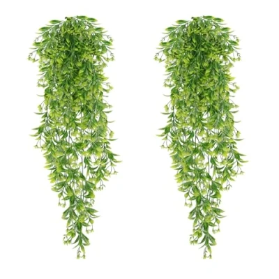 Image of 2Pcs Artificial Hanging Plants Indoor Fake Trailing Ivy Leaves Decoration for Outdoors Living Room Kitchen Garden