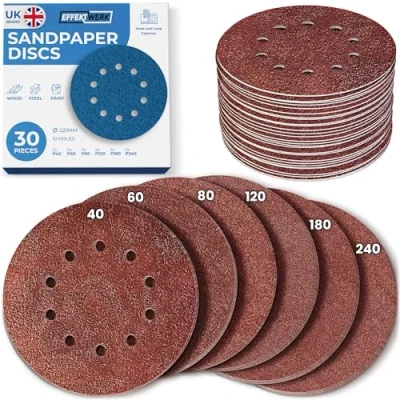 Image of Effektwerk Sanding Discs (30 PK, 10 Holes) 225mm Sandpaper for Random Orbital Sanders Self Adhesive w/Hook &amp; Loop Closure Fine Coarse Grinding w/ 40/60/80/120/180/240 Grits (5 Pcs each)