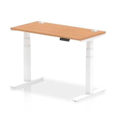 Image of Air 1200 x 600mm Height Adjustable Desk Oak Top Cable Ports White Leg