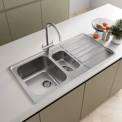 Image of SÄUBER 970 x 500mm Stainless Steel Kitchen Sink One and Half 1.5 Bowl Inset Drop in Installation, Reversible Drainer, 18/10 Grade Sinks, Free Strainer Waste