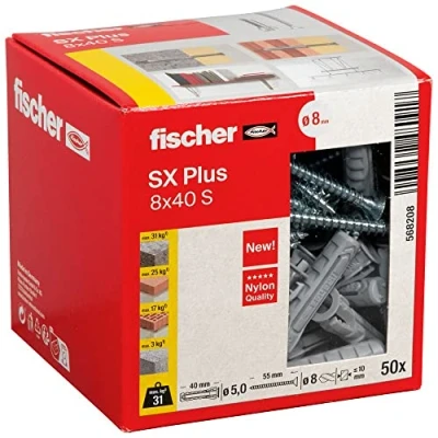 Image of fischer 568208 Expansion SX Plus S, Box of 50 Nylon Matching Screws, dowels for Optimal Hold When Fixing, Solid, aerated Concrete, Perforated Bricks and Much, Standard, 8 x 40 mit Schraube