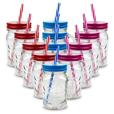 Image of Pack of 12 Mason Jars with Handles, 500 ml Durable Drinking Glasses Lids, Straws Perfect for Cold Beverages Including Juices and Smoothies Ergonomic Comes in Attractive Hues Designs