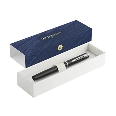 Image of Waterman Allure Premium Metal Fountain Pen Matte Black with Chrome Trim Fine Nib Blue Ink Gift Boxed