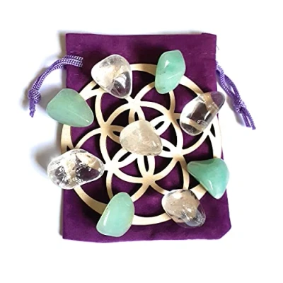Image of Abundance Crystal Grid Seed of Life Mini Set Green Aventurine, Clear Quartz Crystals tumblestones Reiki Charged