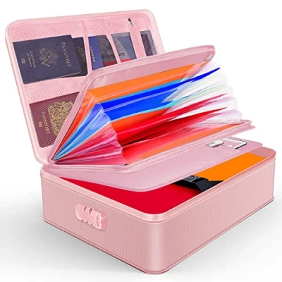 Image of JUNDUN Fireproof Document Box, Waterproof and Storage,Portable Home Fire Safe Storage Box Case with Lock for Documents,Deed Birth Certificate,Pink
