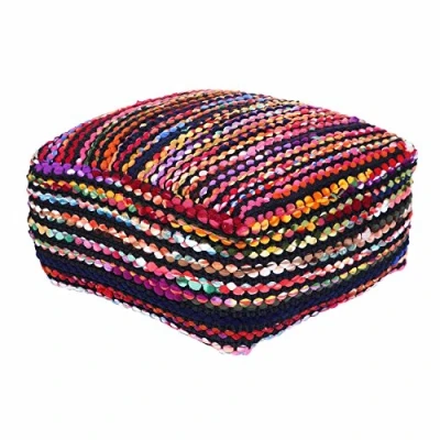 Image of HOMESCAPES Multi Coloured Bohemian Style Folk Pouffe Footstool Chindi Recycled Fleece with Filling, 40 cm Square
