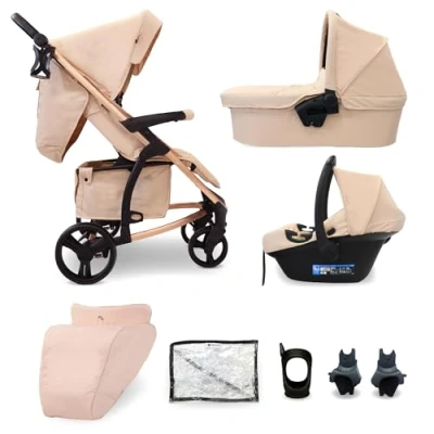 Image of My Babiie MB200i 3 in 1 Travel System Baby Pushchair, Carrycot, Infant Car Seat (R129 i Size), Foldable, Includes Footmuff, Rain Cover, from Birth to 22kg (4 Years Approx.) Rose Blush