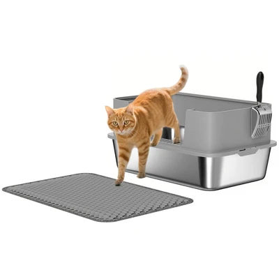 Image of PawHut Stainless Steel Litter Box, High Sided Cat Tray with Scoop, Mat, Never Absorbs Odors, Anti Leakage &amp; Easy to Clean, Pet Toilet for Big Cats, Grey