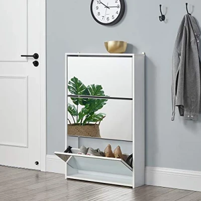 Image of [en.casa] Shoe tipper Vogar cabinet with 3 flaps mirrored chest of drawers for 9 pairs shoes 102.5 x 63 17 cm storage White