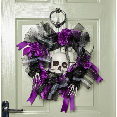 Image of 45cm Black and Purple Hanging Halloween Skull Wreath Decoration