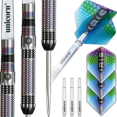 Image of Unicorn Darts Set U Tech Iris 90% Tungsten Barrels with DNA Coating &amp; Incredibly Intricate Sharkfin Machined Grip Durable Stunning Ultrafly Flights Steel Tip Volute Points 24 g