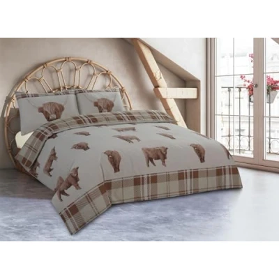 Image of Tartan Check Single Bed Highland Cow Duvet Cover Set Reversible PolyCotton Bedding (NATURAL, SINGLE)