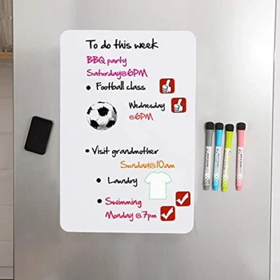 Image of Magnetic Dry Erase White Board Sheet for Fridge with Stain Resistant Technology Includes 4 Markers and icon a Eraser Refrigerator Whiteboard Planner (20x13 inch)