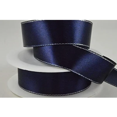 Image of Navy Single Faced Satin Ribbon with Silver Edge 25mm x 25 Metre Roll