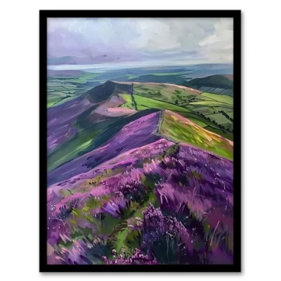 Image of Artery8 Heather Flowers Mam Tor Peak District Landscape Living Room Artwork Framed Wall Art Print 18X24 Inch