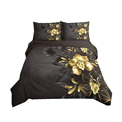Image of Duvet Cover Set Rose Flower 3D Digital Printing Romantic Floral Bedding Girl Woman Black Blue Gold Red Quilt with Pillowcase, Microfiber (Black, Double)